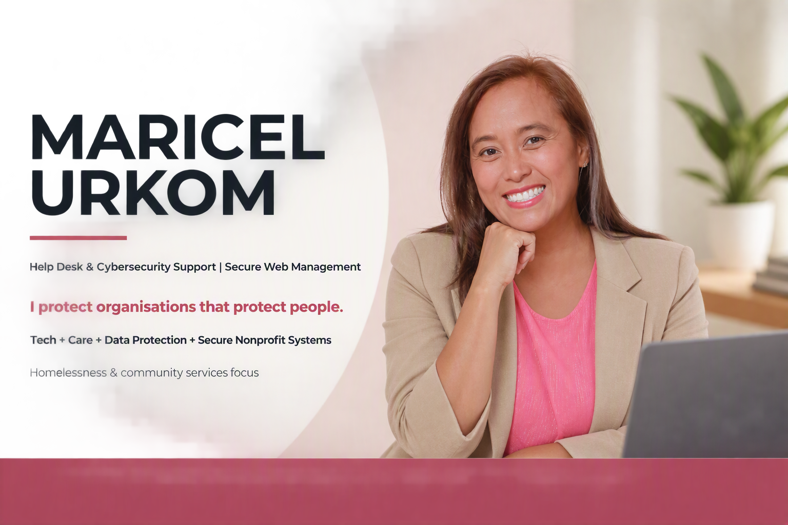 Maricel Urkom smiling at her desk in a beige blazer